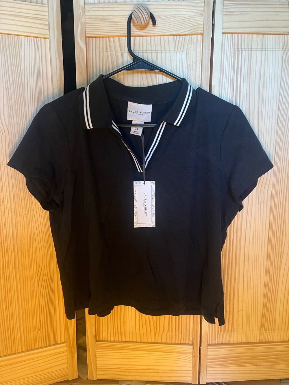 Laura Ashley Black Short-Sleeve Polo with White Stripe Trim